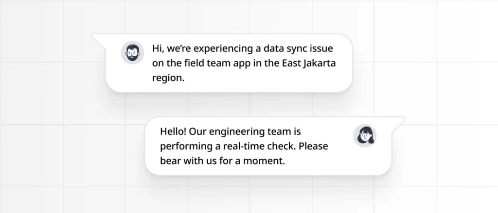 Percakapan obrolan dukungan pelanggan antara pengguna dan teknisi