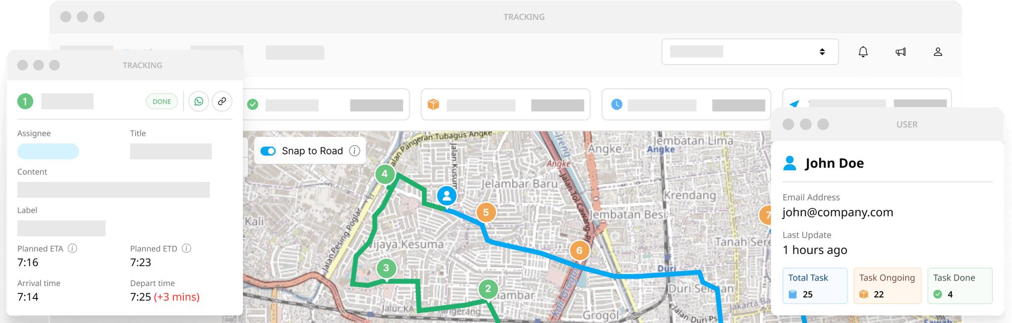 Antarmuka pelacakan real-time menunjukkan peta operasi lapangan langsung