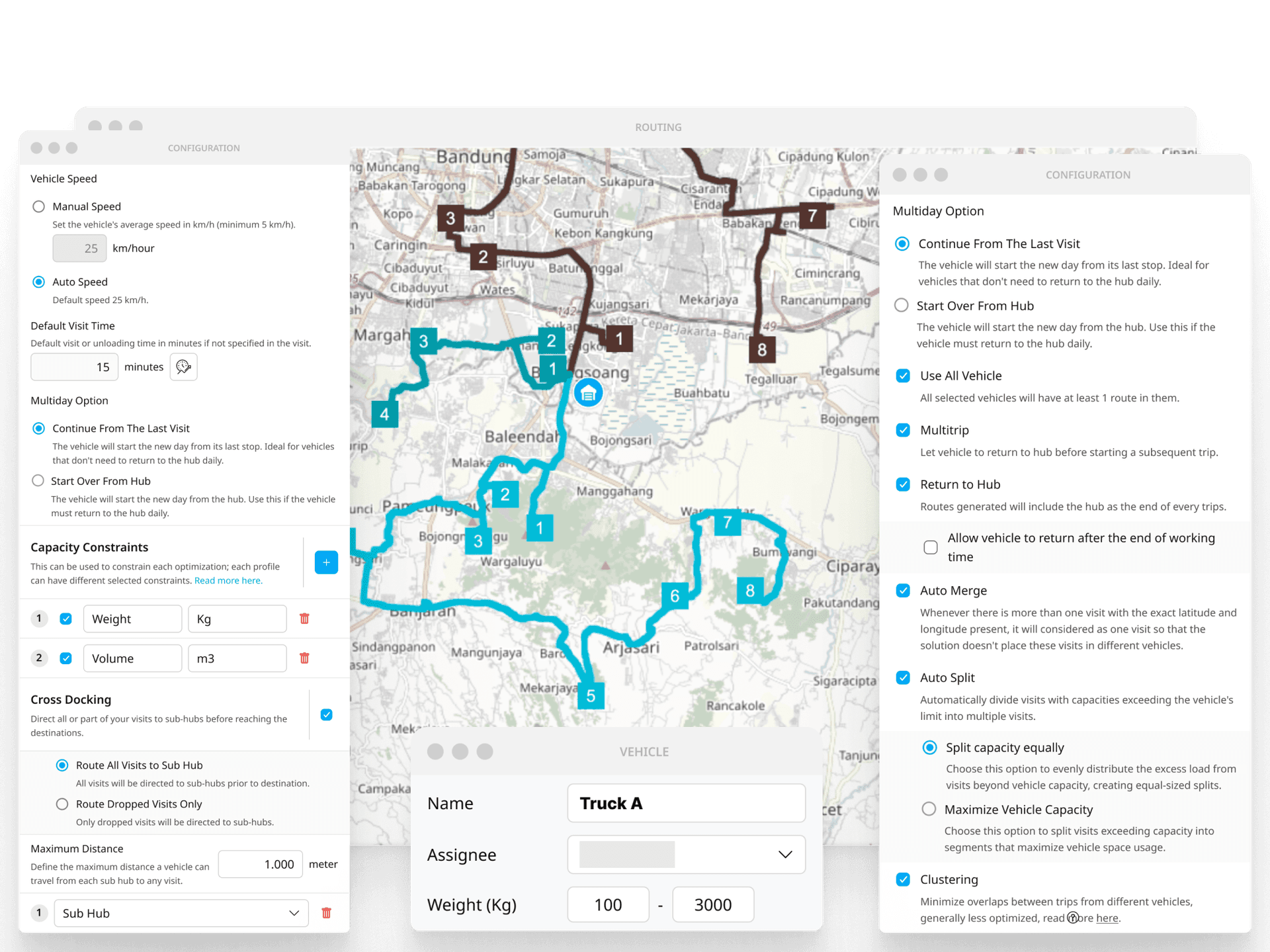 Antarmuka optimasi rute menampilkan perencanaan otomatis