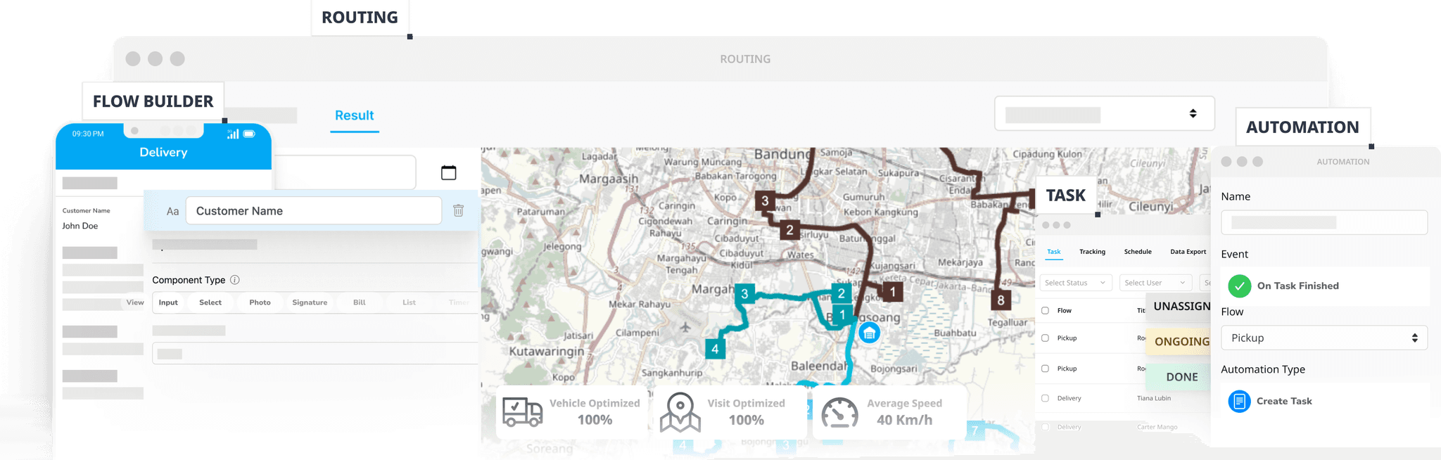 Transportation routing platform interface showing route optimization and vehicle management