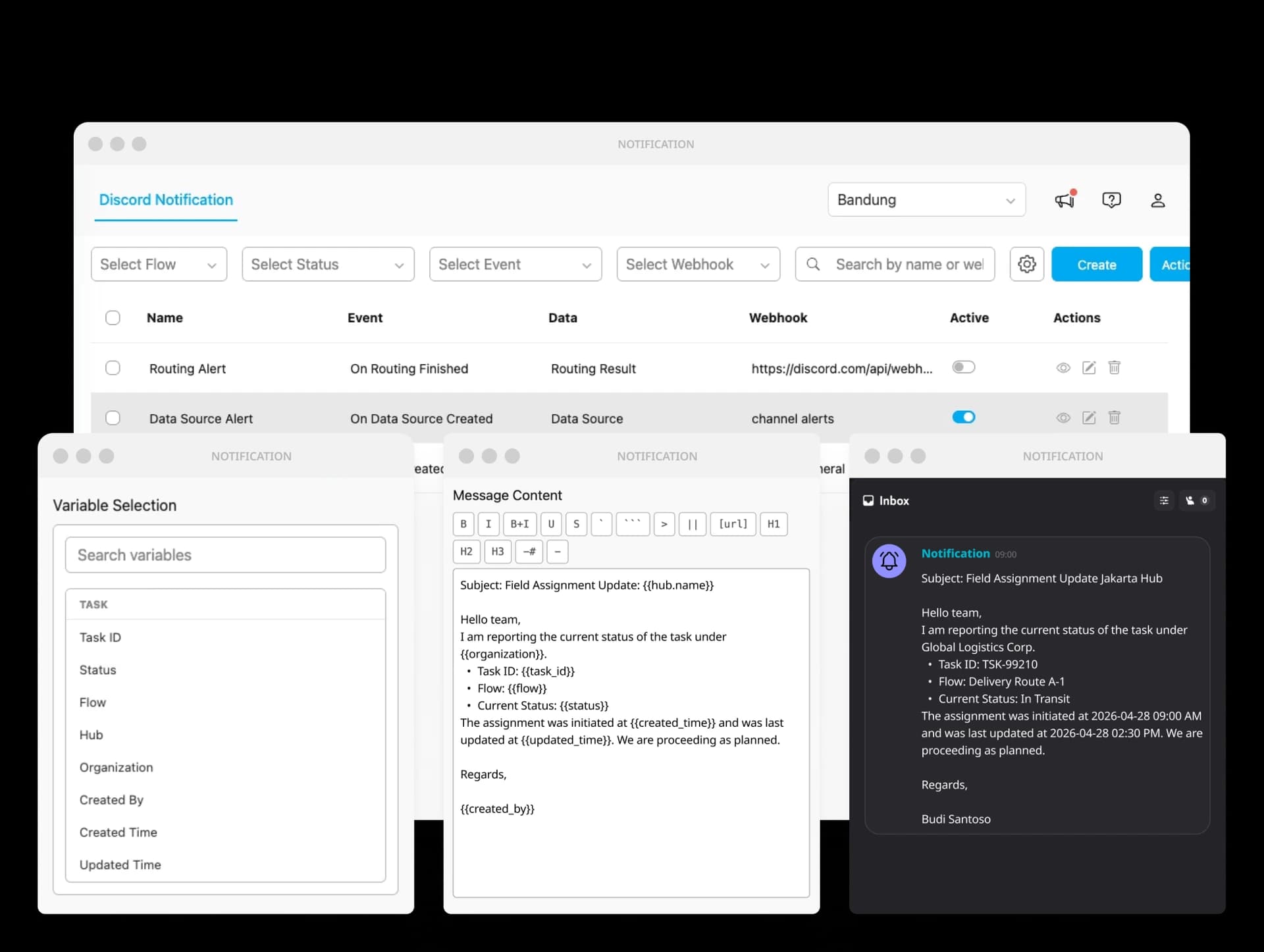 Daftar automation Channel Notification dengan webhook routing, variable selector, dan preview pesan