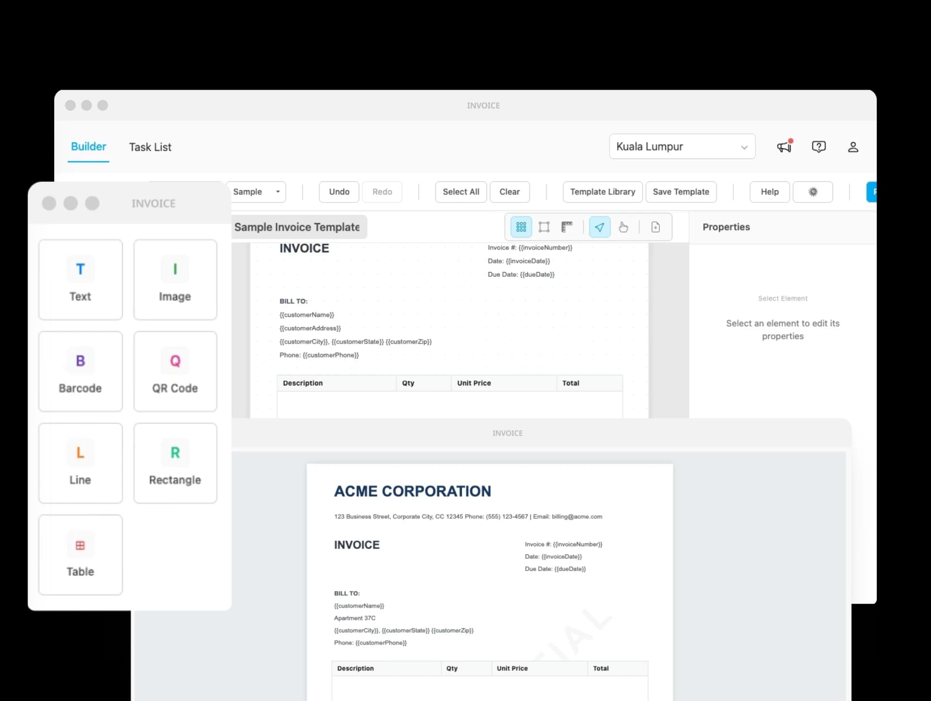 Builder Invoice Generator menampilkan template delivery receipt, element palette, dan properties panel