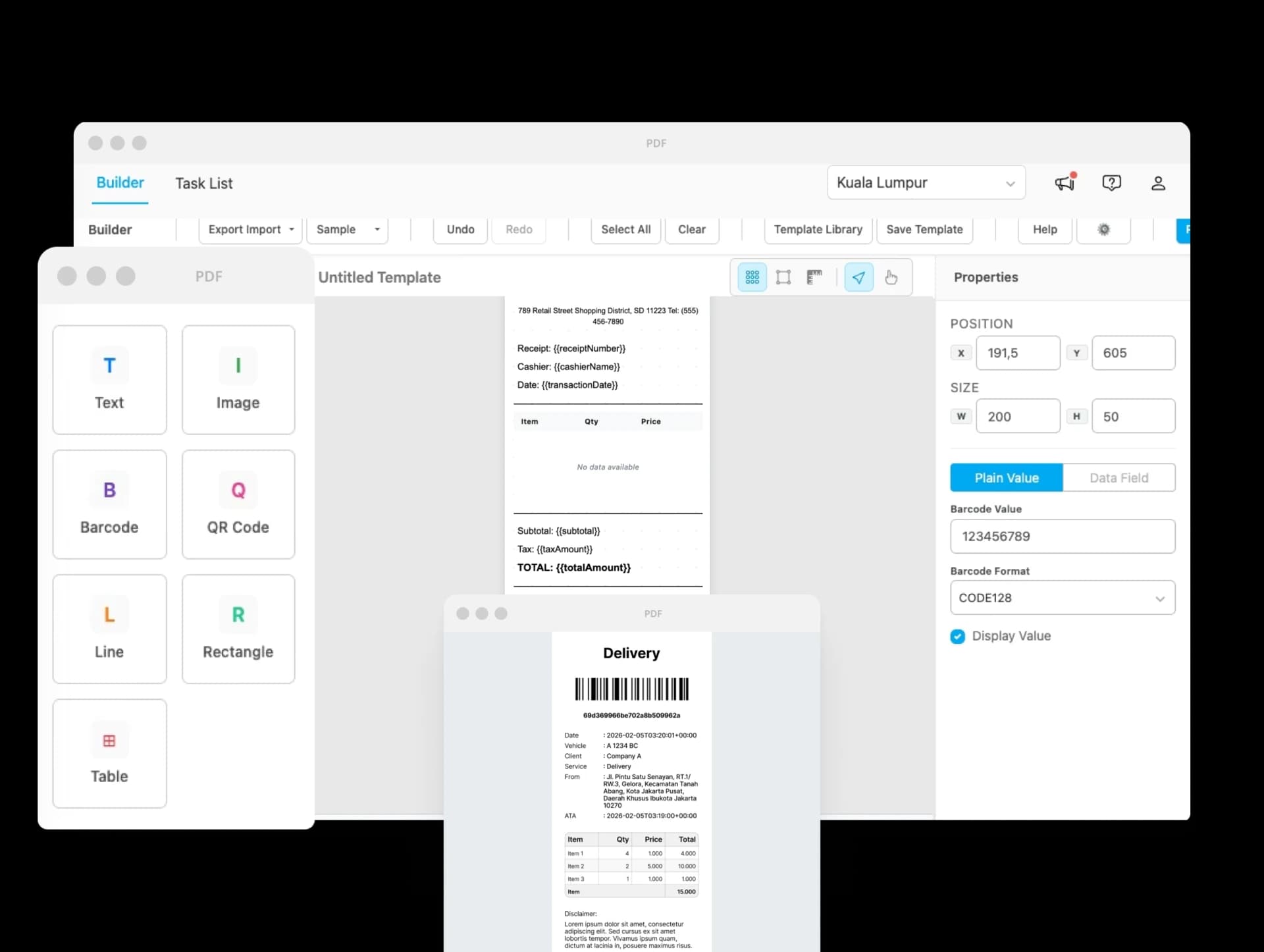Builder PDF Generator dengan element palette drag-and-drop dan preview template invoice